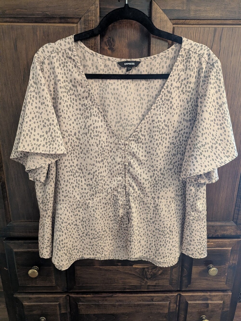 Express Cheetah Button-Front Bell Sleeve Blouse